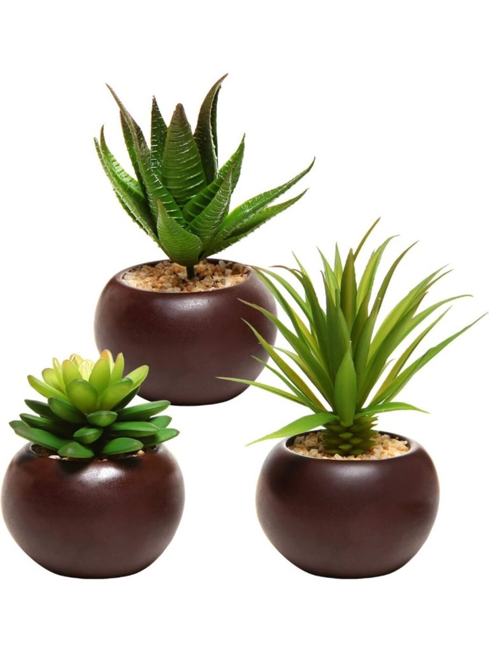 Set of 3 Faux Succulent Plants in Round Ceramic Pots - Indoor Decor, Low